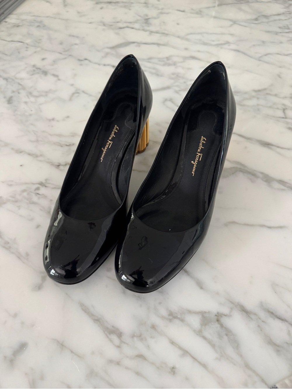 Salvatore Ferragamo Black Patent Leather Pumps with Gold Block Heel